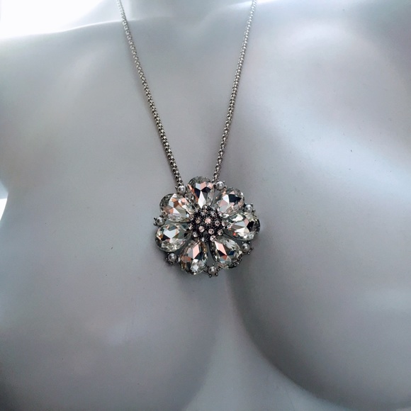 Silver Crystal Flower Pendant Necklace, NWT. - Picture 2 of 2